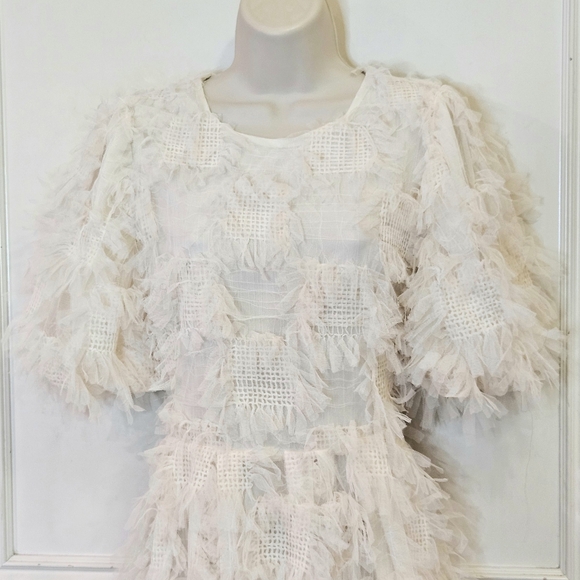 Endless Rose Cream Abstract Textured Mesh Puff Sleeve Mini Dress,Medium - Picture 6 of 16